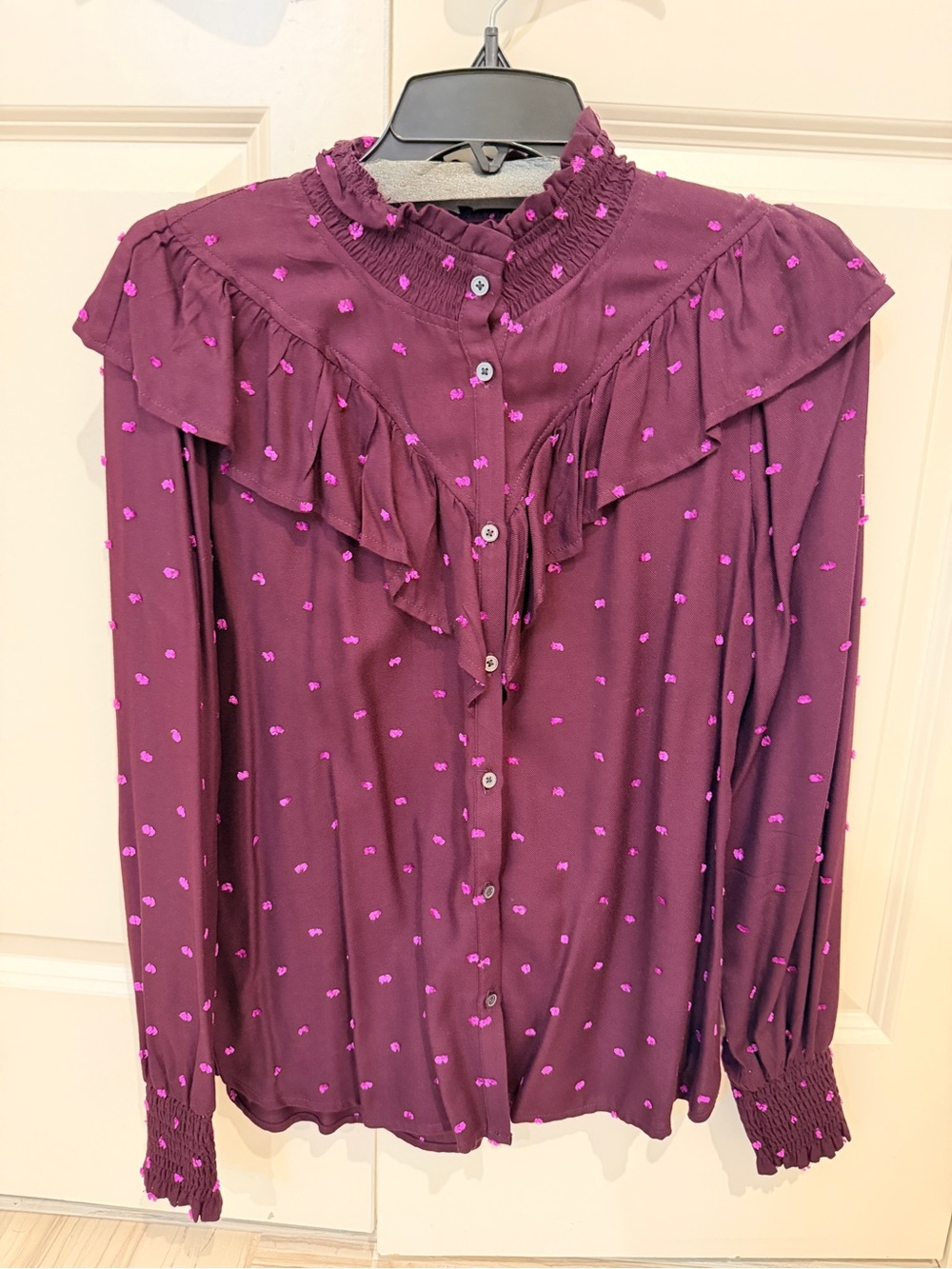 LOFT Plum Button-Down Blouse with Pink Dot Accents